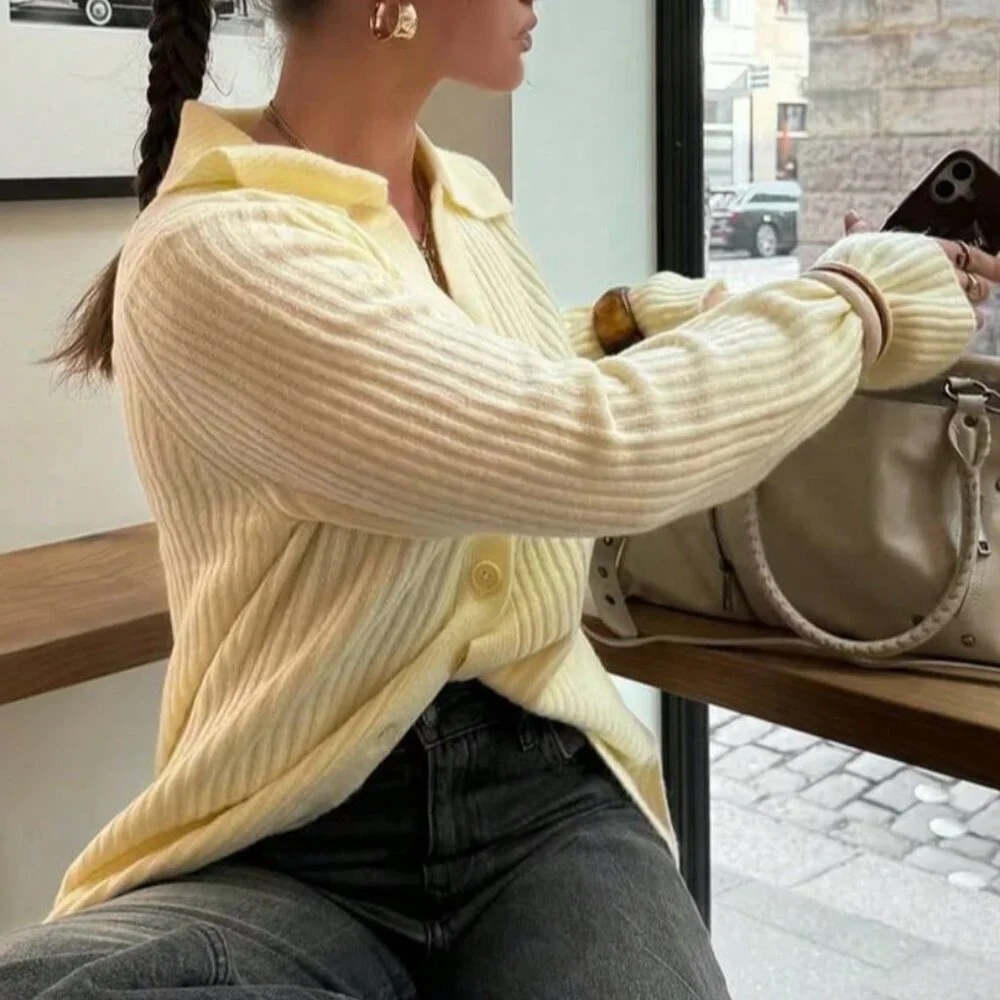 Yellow Casual Women's Sleeve Knit Cardigan with Lapel Button